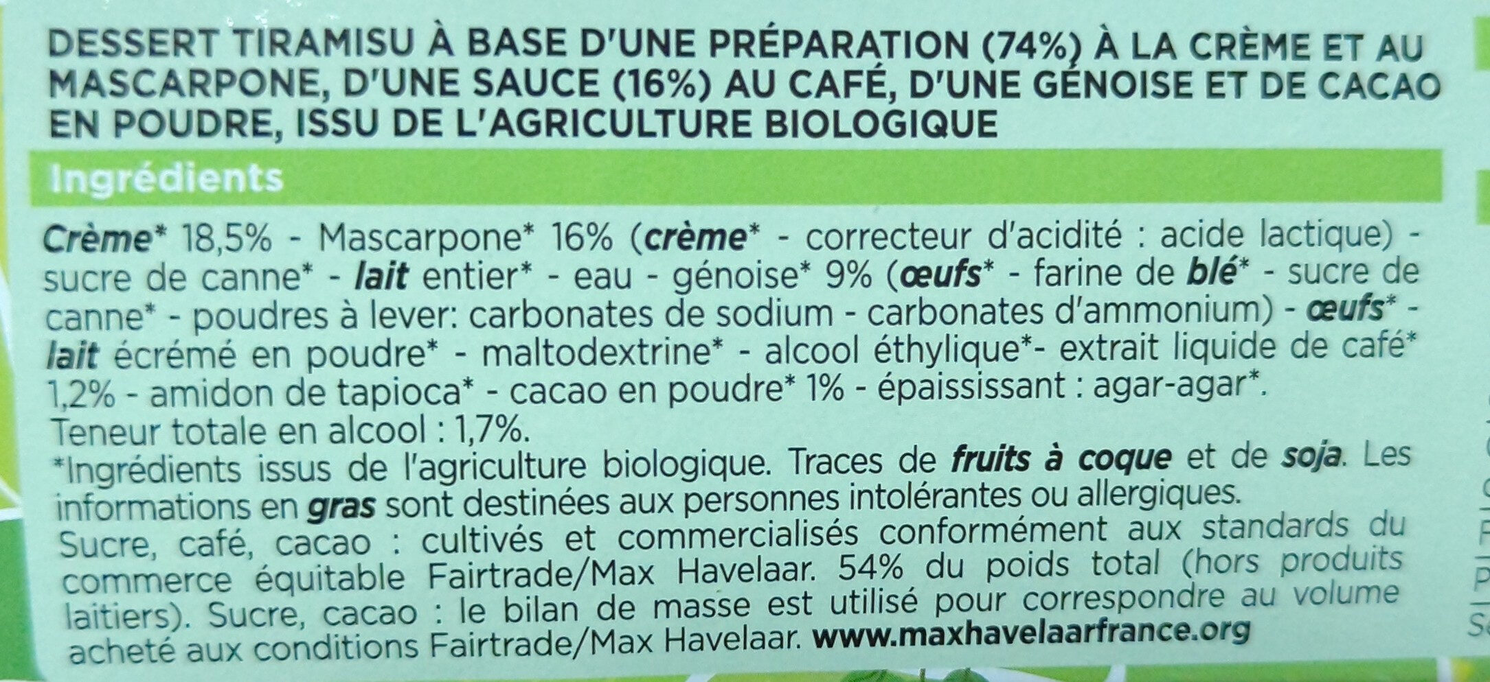 Le Tiramisu Bio - Ingredientes - fr
