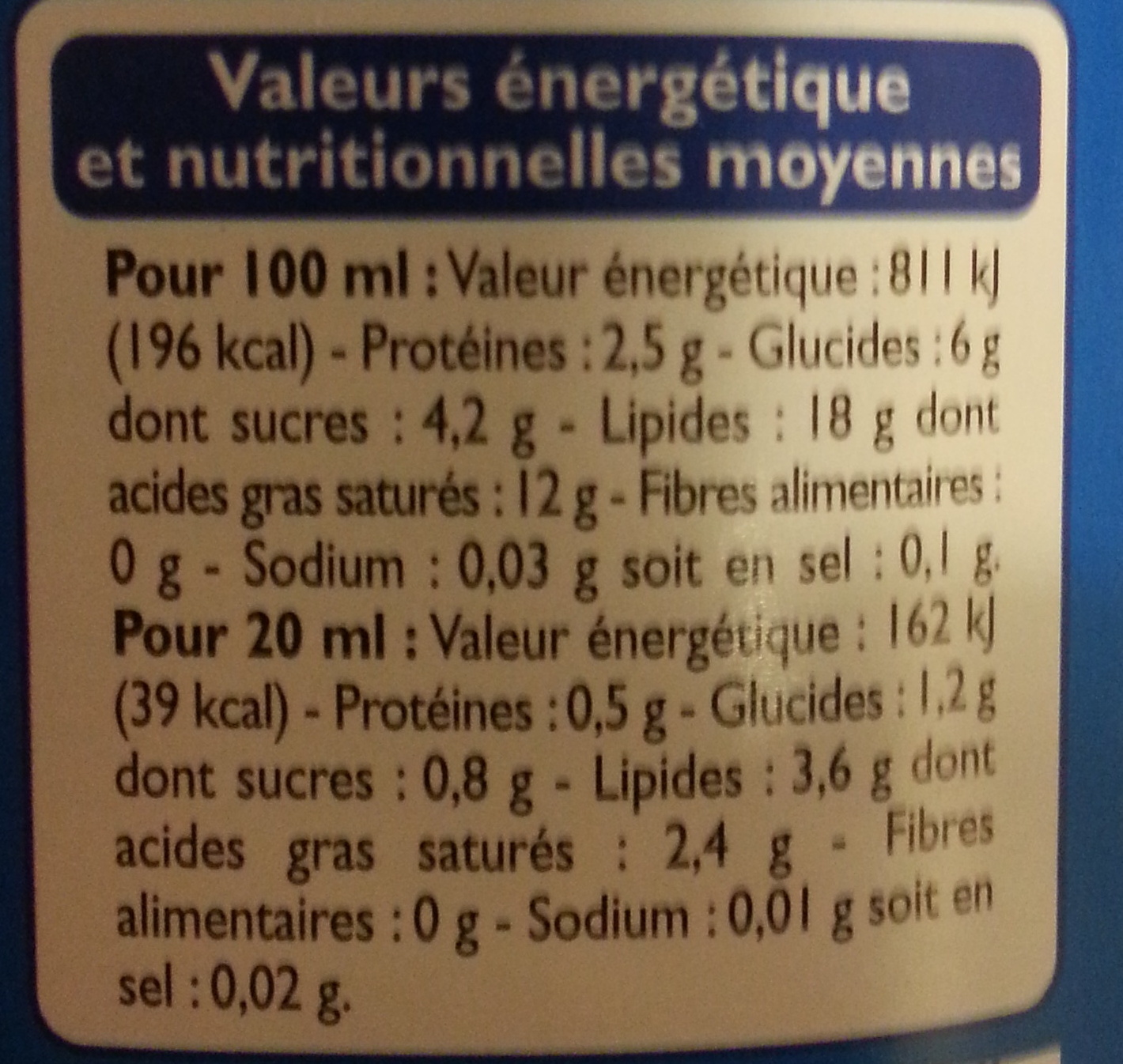 Crème semi-épaisse légère (18 % MG) - Tableau nutritionnel