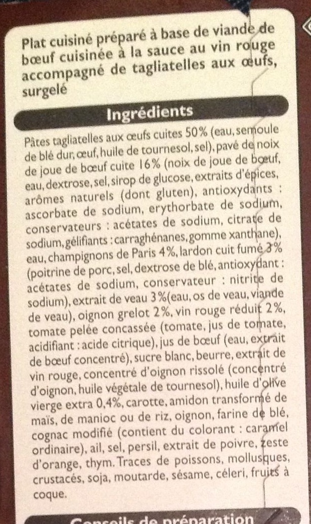 Bœuf Bourguignon et Tagliatelles aux Œufs, Surgelé - Ingredients - fr