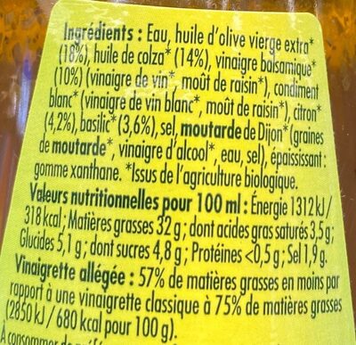 Vinaigrette balsamic citron basilic - Nutrition facts - fr