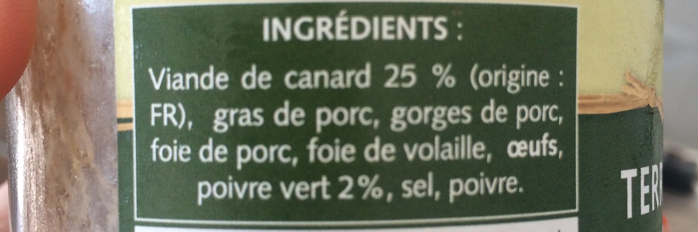 Terrine De Canard Au Poivre Vert Roger Vidal - Roger Vidal - Ingredients - fr