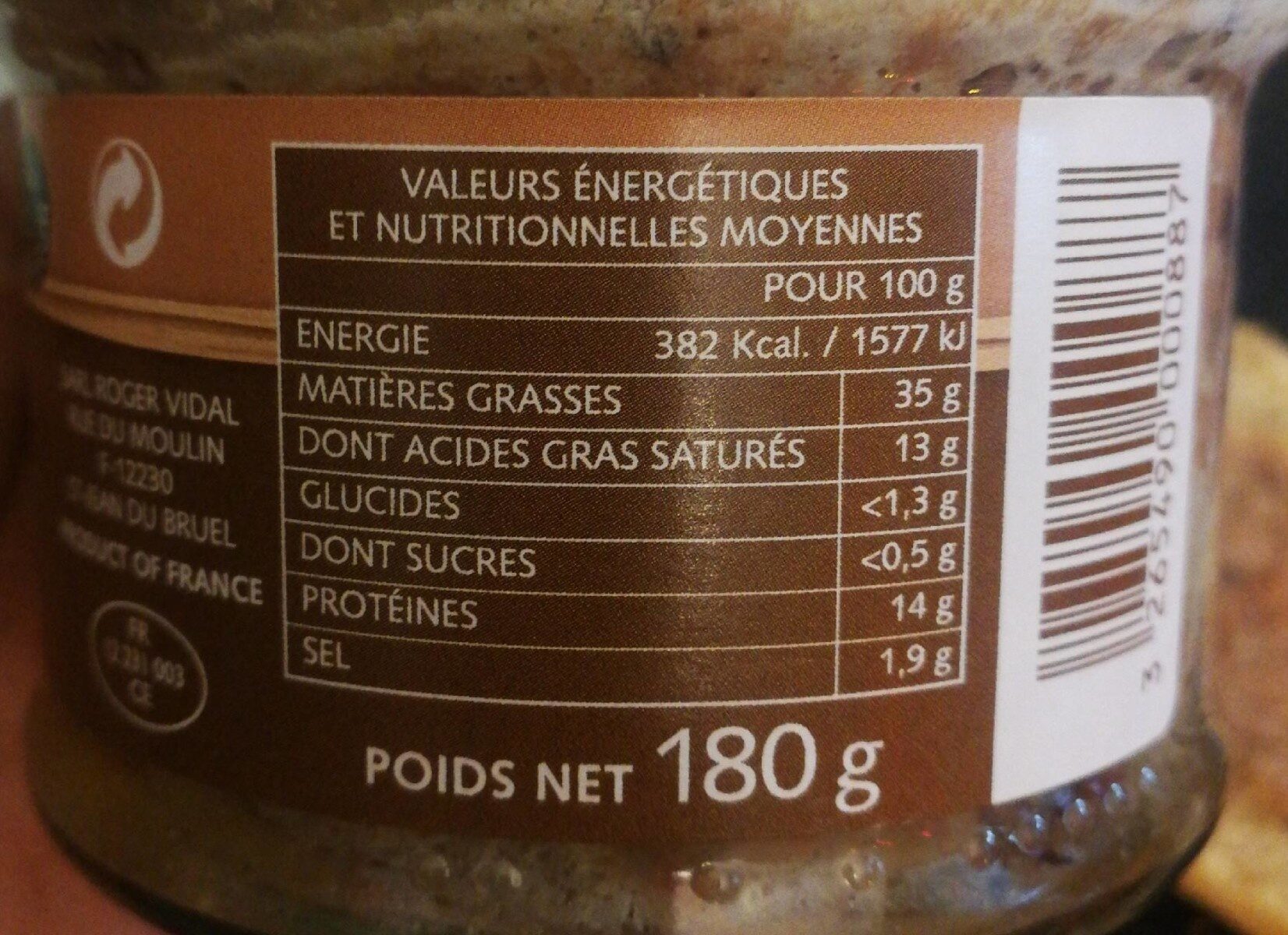 Terrine de pintade roquefort et noix - Nutrition facts - fr
