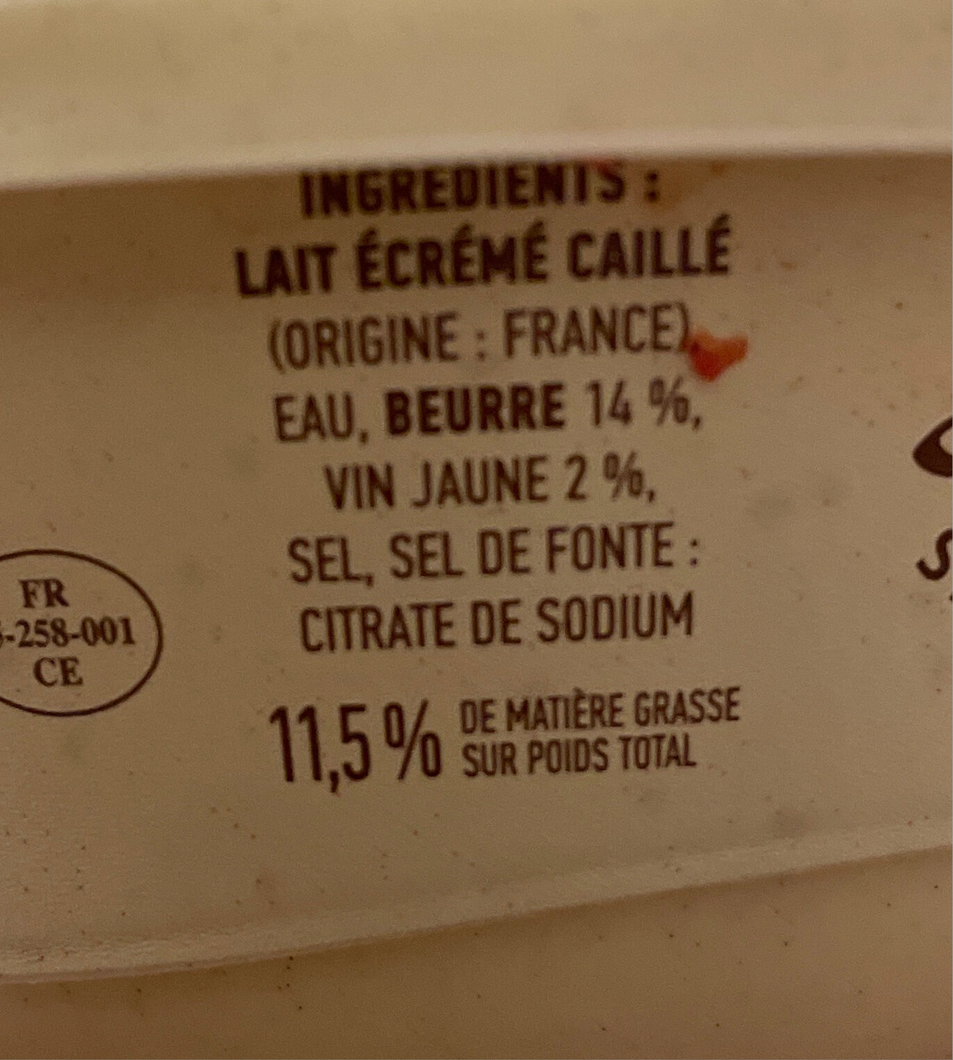 Cancoillotte gourmande Vin Jaune - Tableau nutritionnel