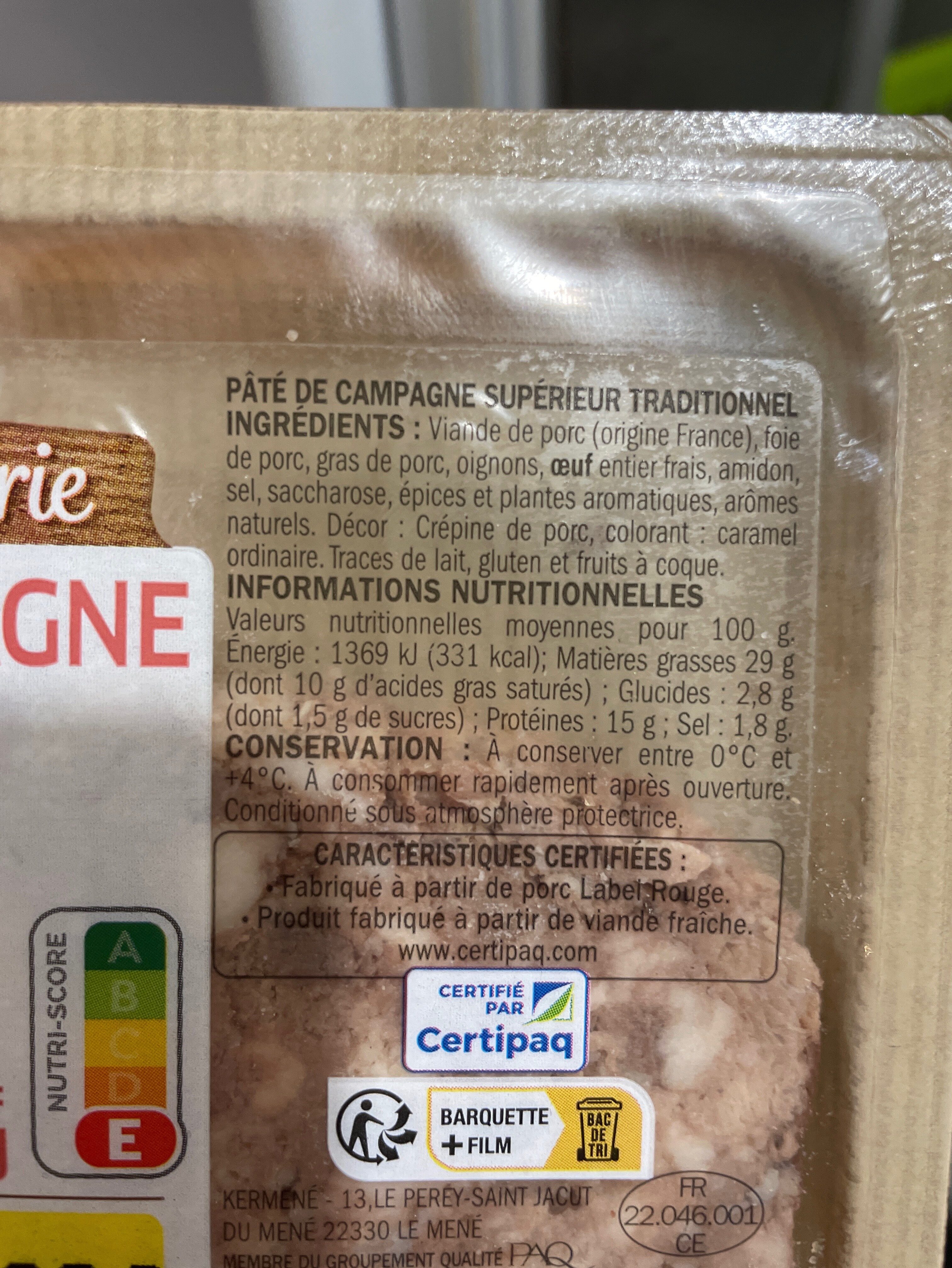 Pâté De Campagne Supérieur Label Rouge - Ingrediënten - fr