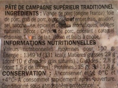 Pâté De Campagne Supérieur Label Rouge - Voedingswaarden - fr