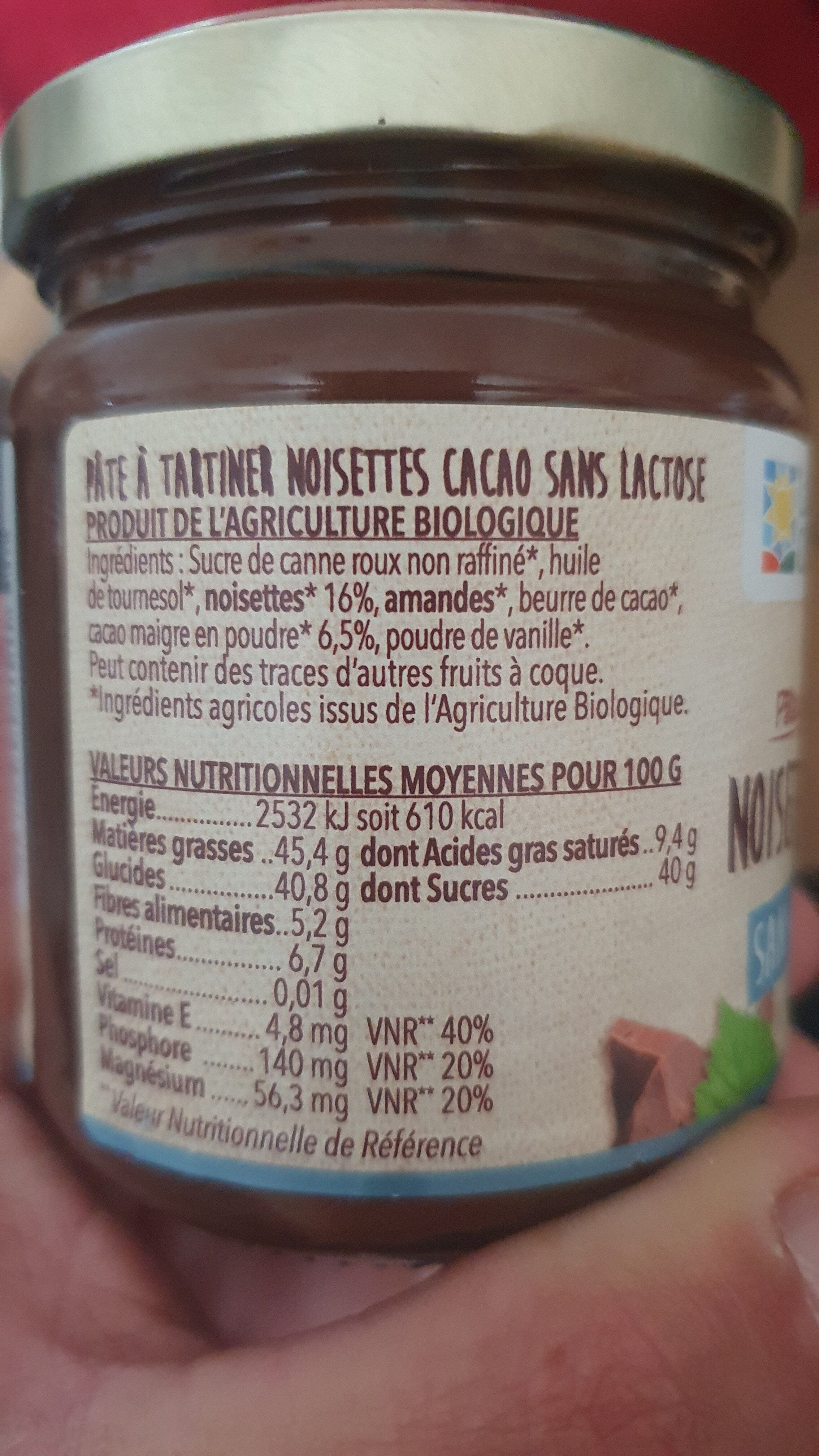Pate Noisettes Cacao - Ingrédients