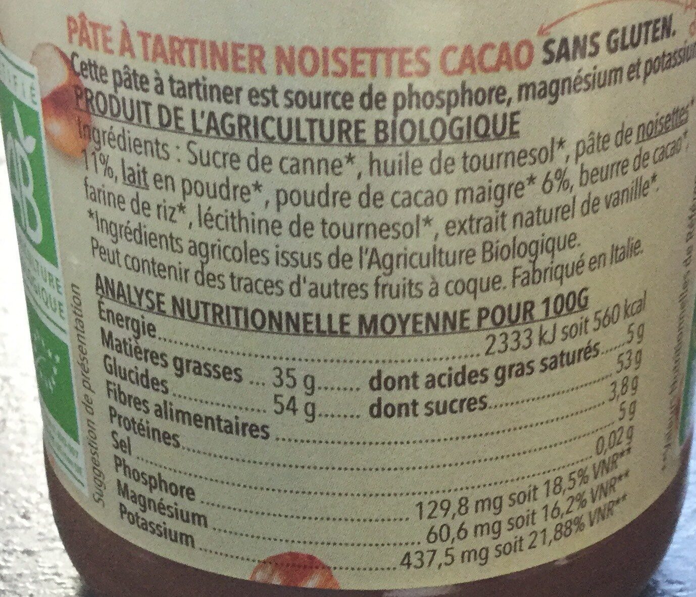 Pâte à tartiner Noisette Cacao - Tableau nutritionnel
