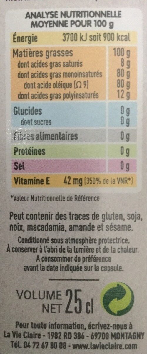 Huile vierge de noisette - Nutrition facts - fr