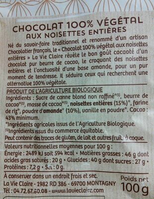 Chocolat 100% végétal aux noisettes entières - Información nutricional - fr