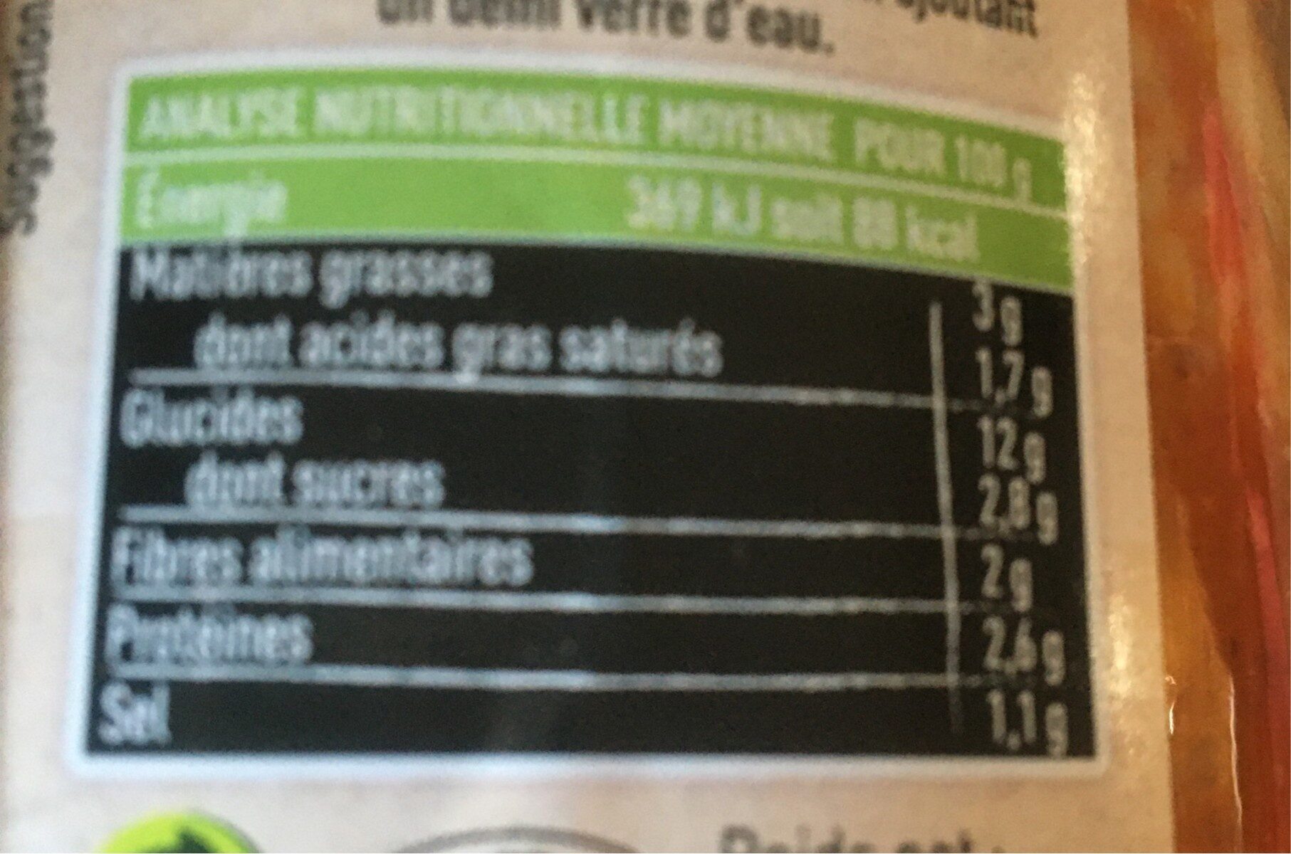 Ravioli aux Legumes - Nutrition facts - fr