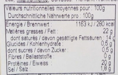 Palet normand au Calvados (22 % M.G.) - Tableau nutritionnel