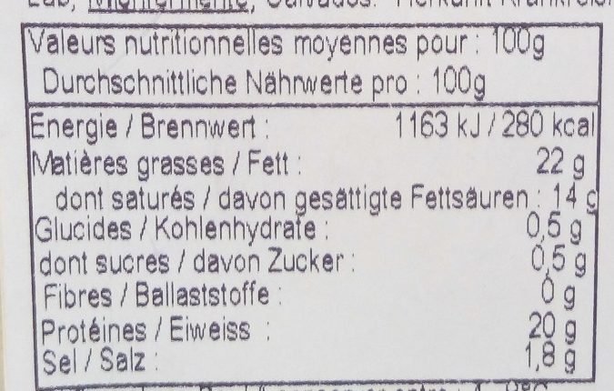 Palet normand au Calvados (22 % M.G.) - Tableau nutritionnel