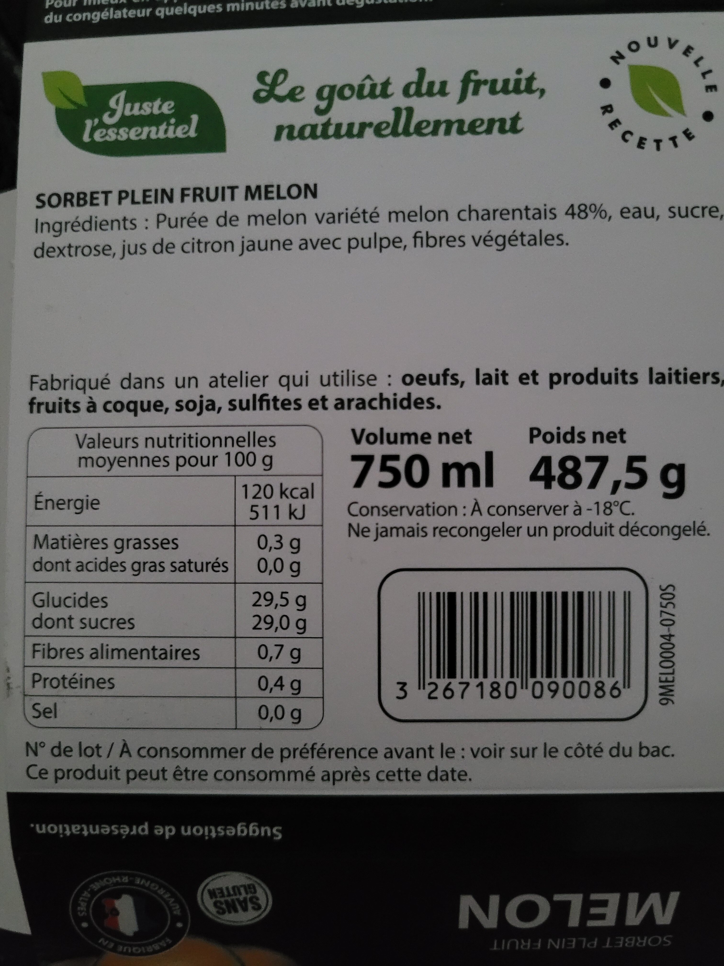 Sorbet Melon - Nutrition facts - fr