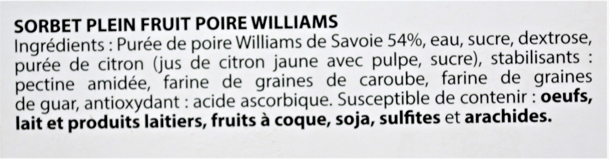 Sorbet plein fruit POIRE WILLIAMS, 54% de fruit - Ingredients - fr