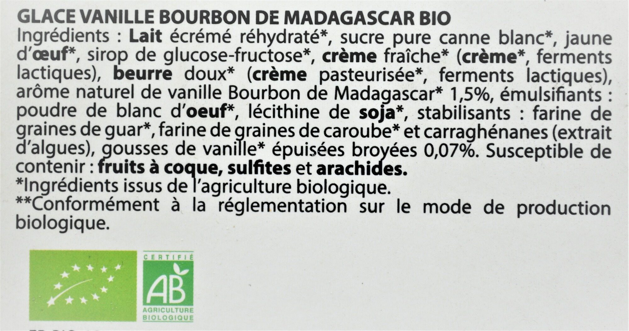 Glace VANILLE BOURBON DE MADAGASCAR BIO - Ingredients - fr