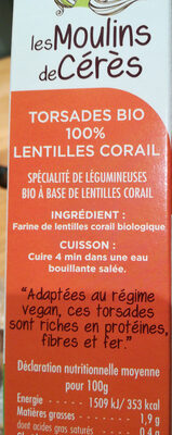 Torsades bio 100% lentilles corail - Ingrédients