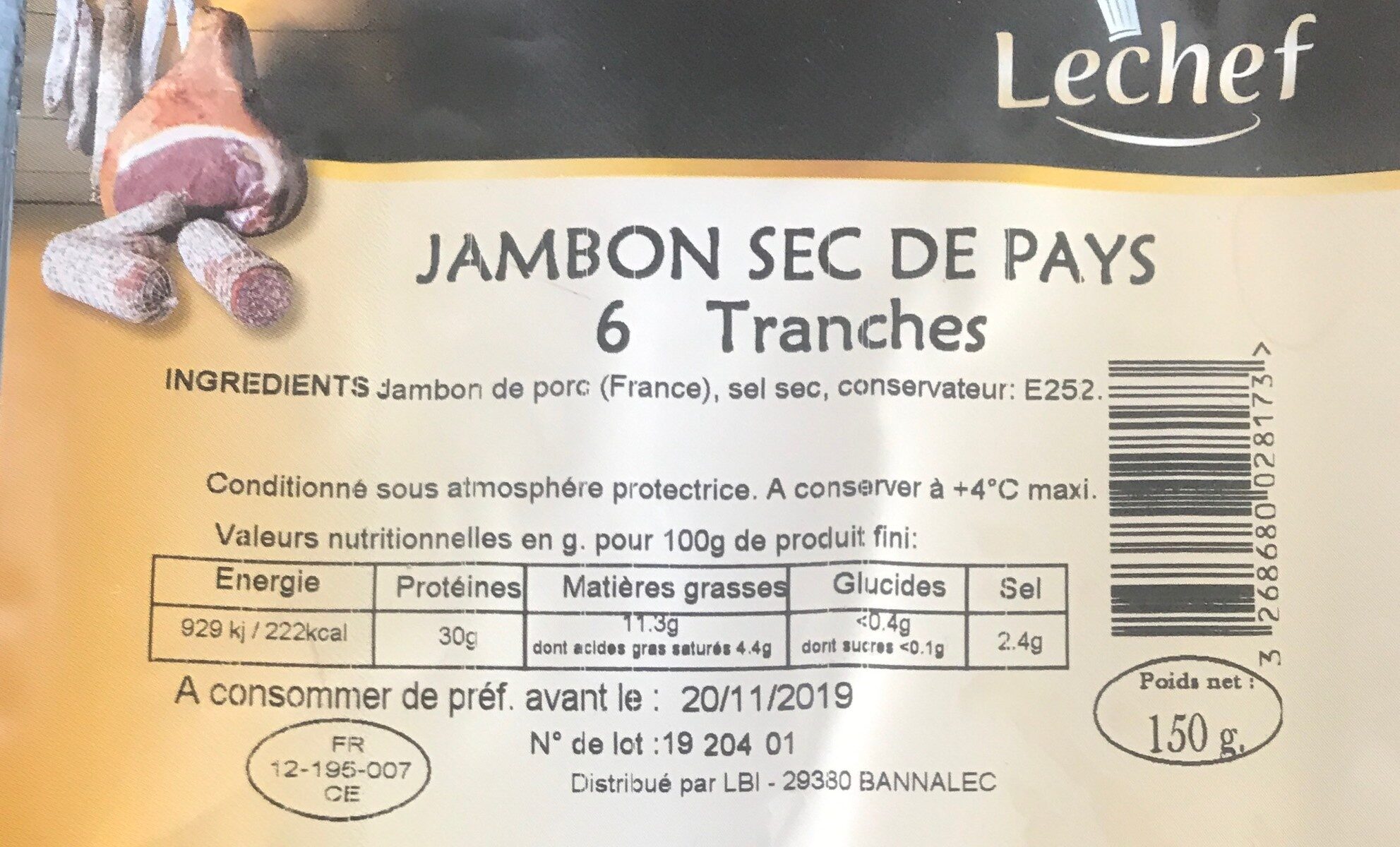 Jambon sec de pays - Nutrition facts - fr