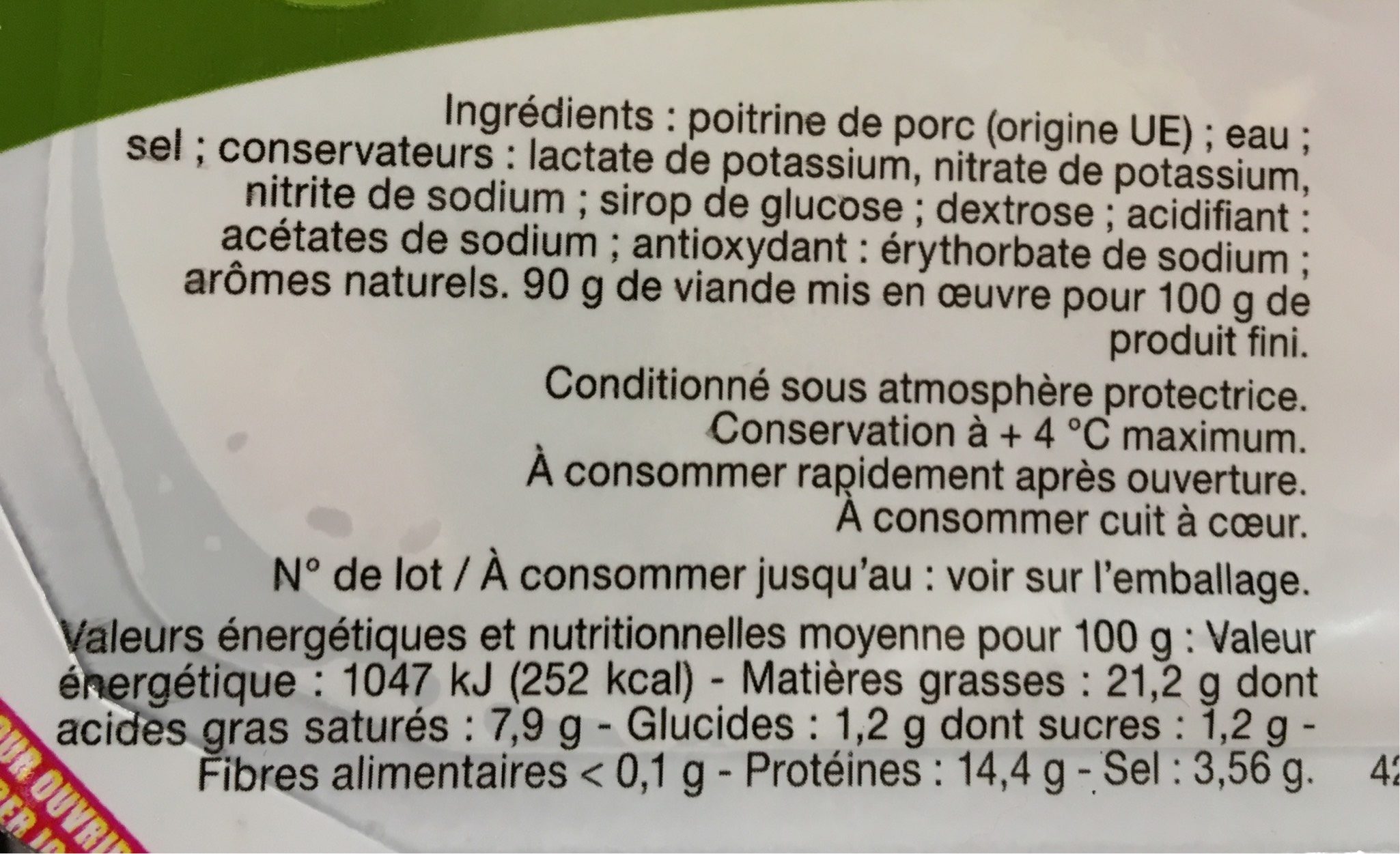 Lardons Nature - Nutrition facts - fr