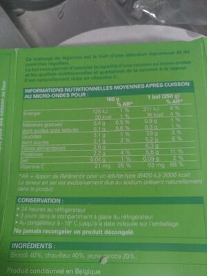 Mélange de légumes - Bol Vapeur - Tableau nutritionnel