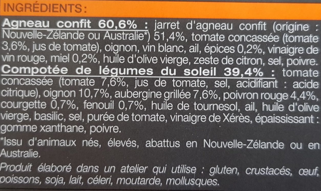 Agneau confit et compotée de légumes du soleil surgelés - Ingredients - fr
