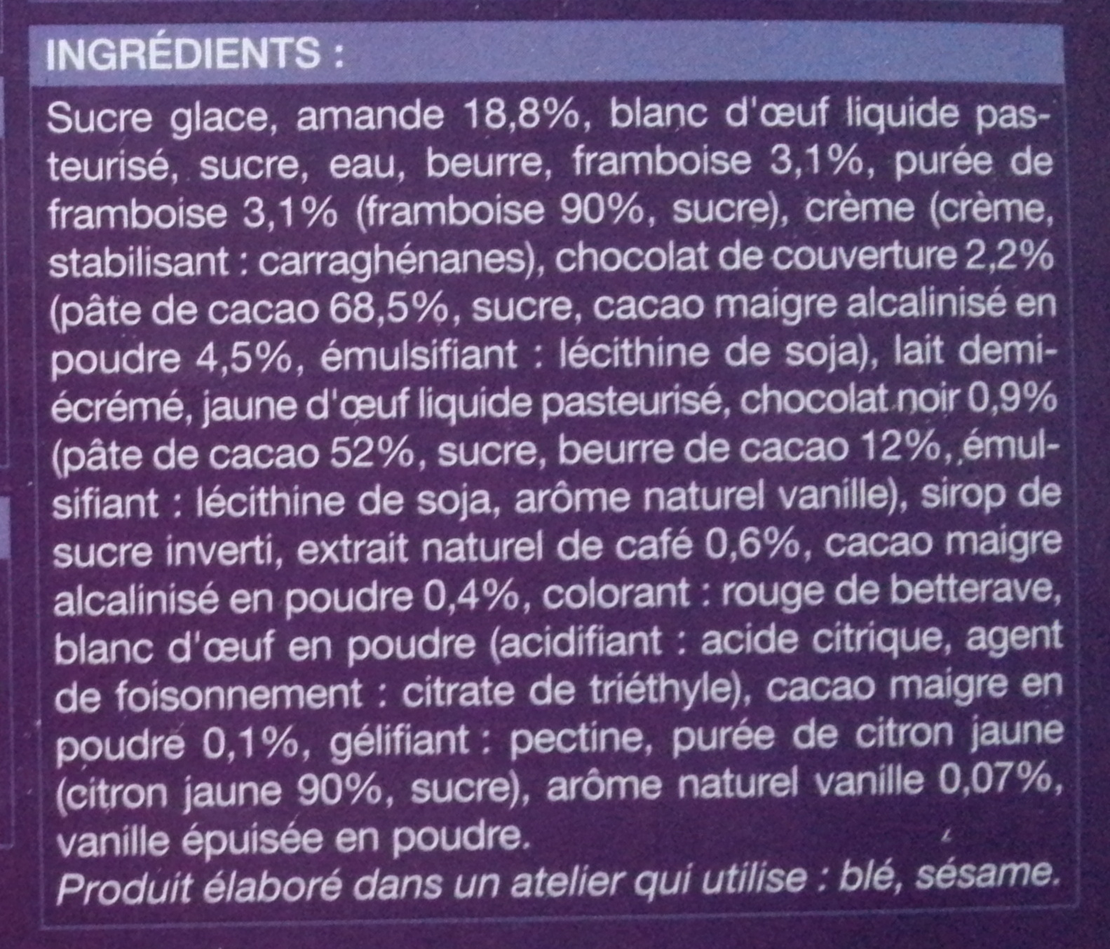 16 macarons (chocolat, vanille, framboise, café) - Ingredients - fr
