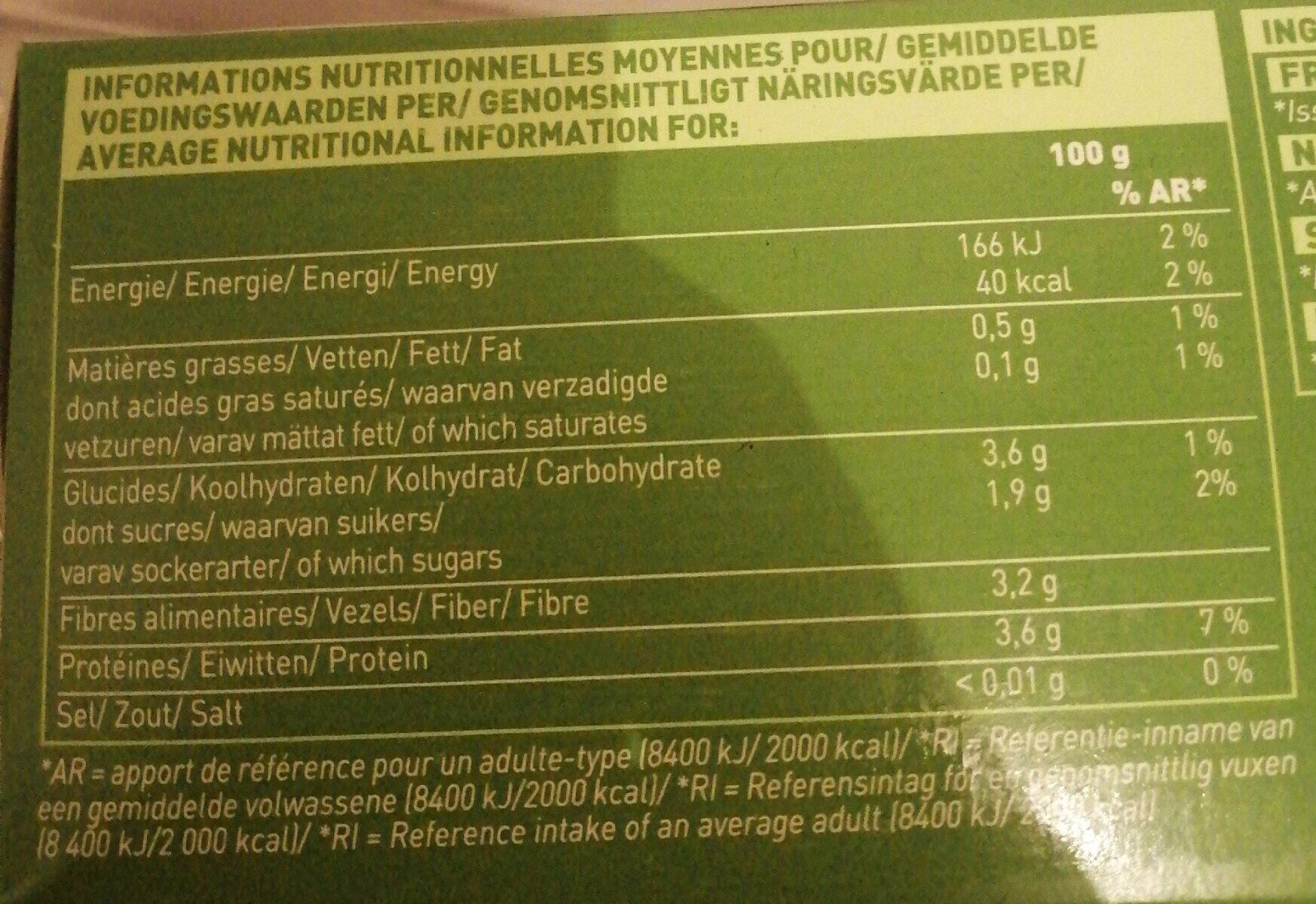 Purée de légumes verts (haricots verts, brocolis, petit pois) - Nutrition facts - fr