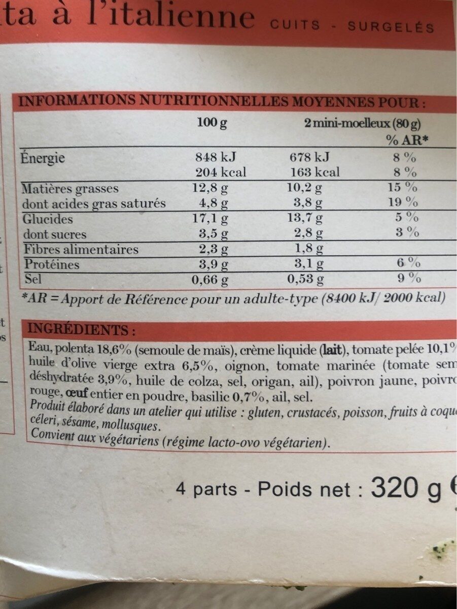 8 Mini-moelleux De Polenta à L'italienne. Boîte De 320 Grammes - Voedingswaarden - fr