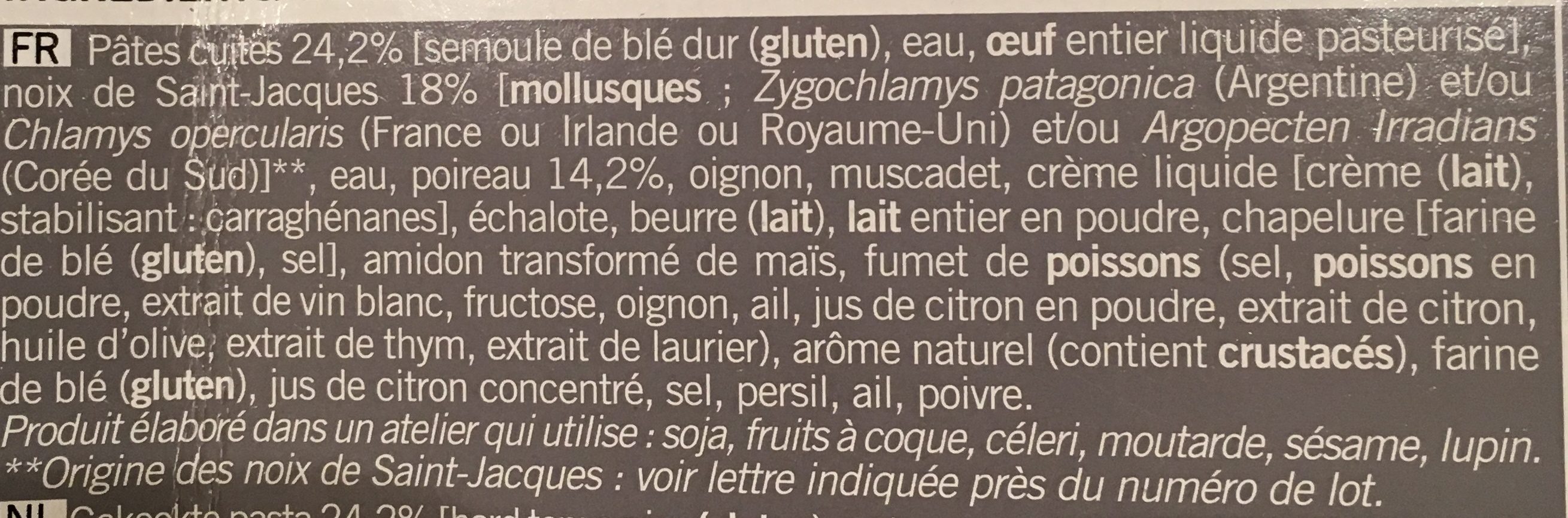 Gratin de Pâtes aux Saint-Jacques* et Fondue de Poireaux, Surgelé - Ingredienser - fr