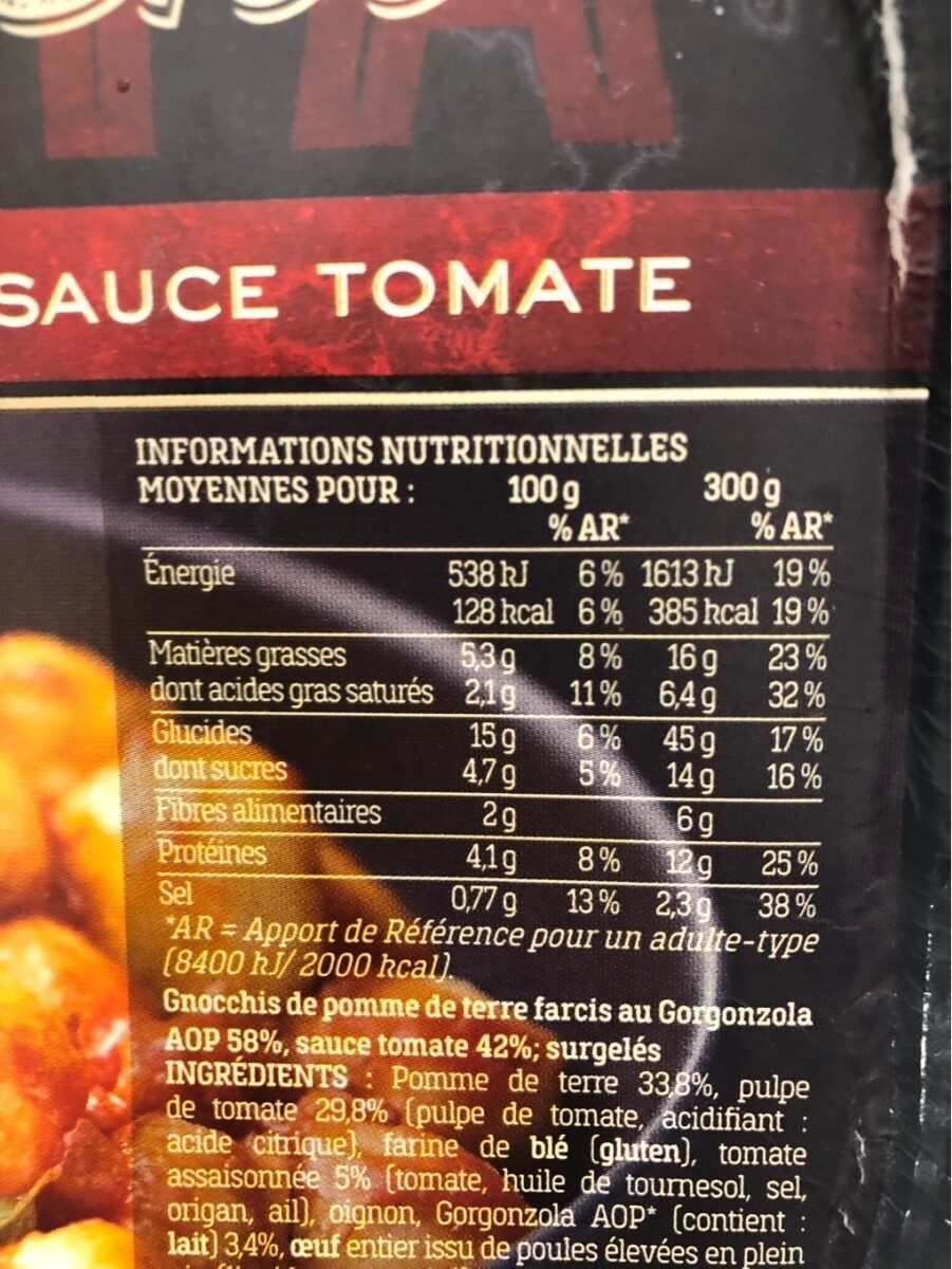 Gnocchi Farcis au Gorgonzola AOP et sauce Tomate - Tableau nutritionnel