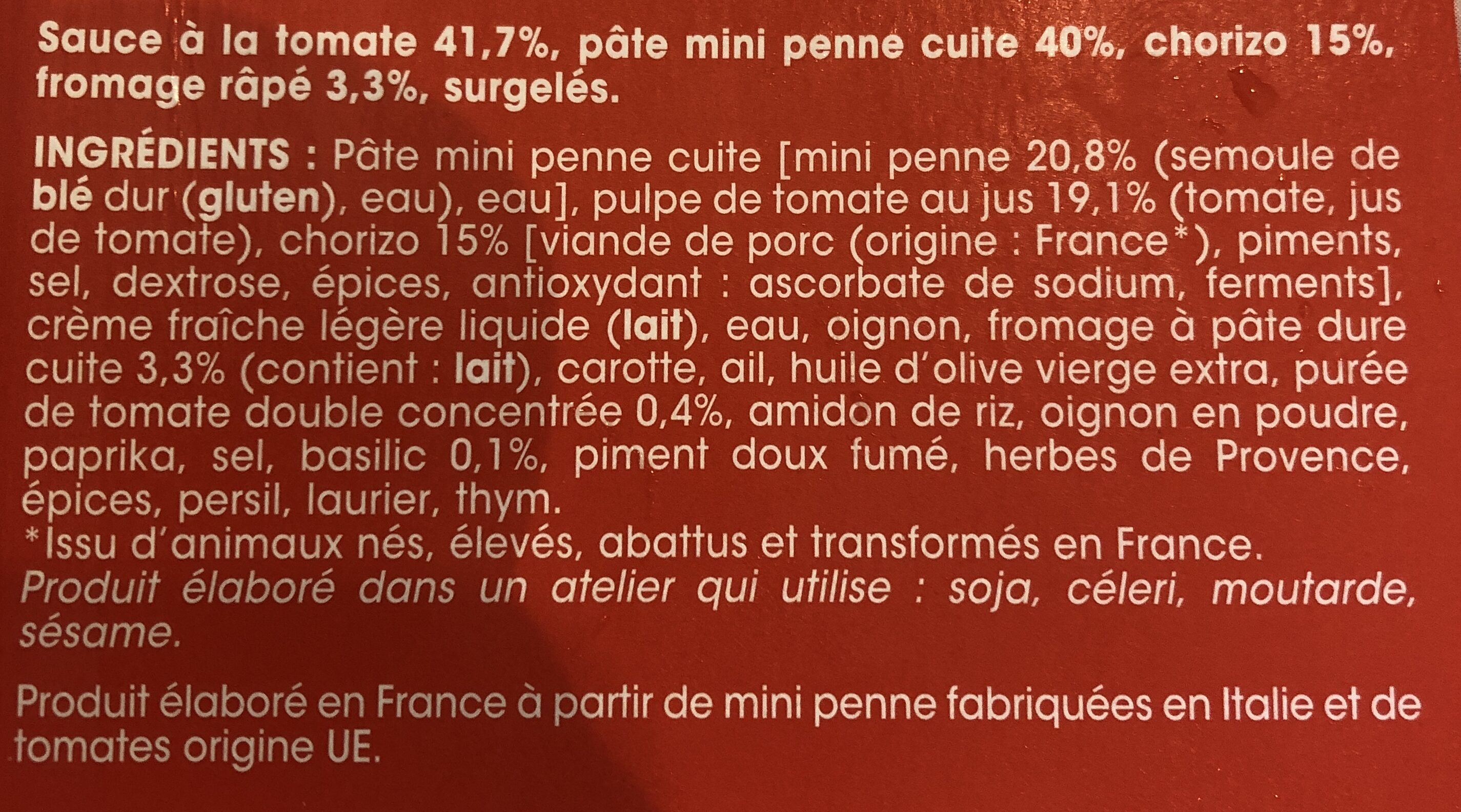 Mini penne au chorizo, sauce à la tomate - Ingrediënten - fr