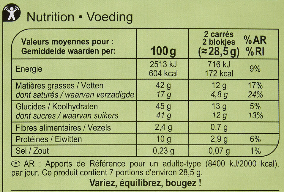 Chocolat blanc aux noisettes entières - Informació nutricional - fr