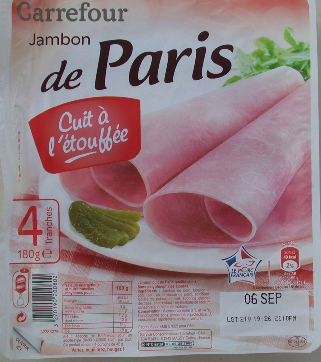 Jambon de Paris, Cuit à l'étouffée (4 Tranches) - Produit