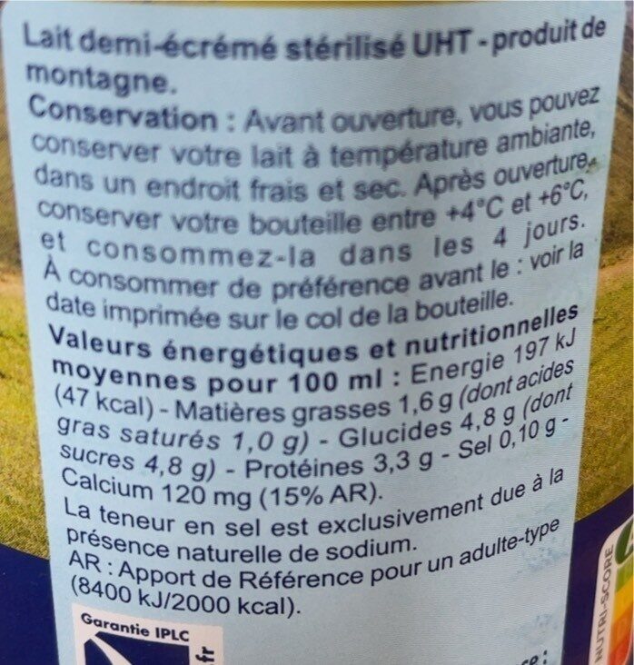 LAIT DE MONTAGNE Demi-écrémé - Nutrition facts - fr
