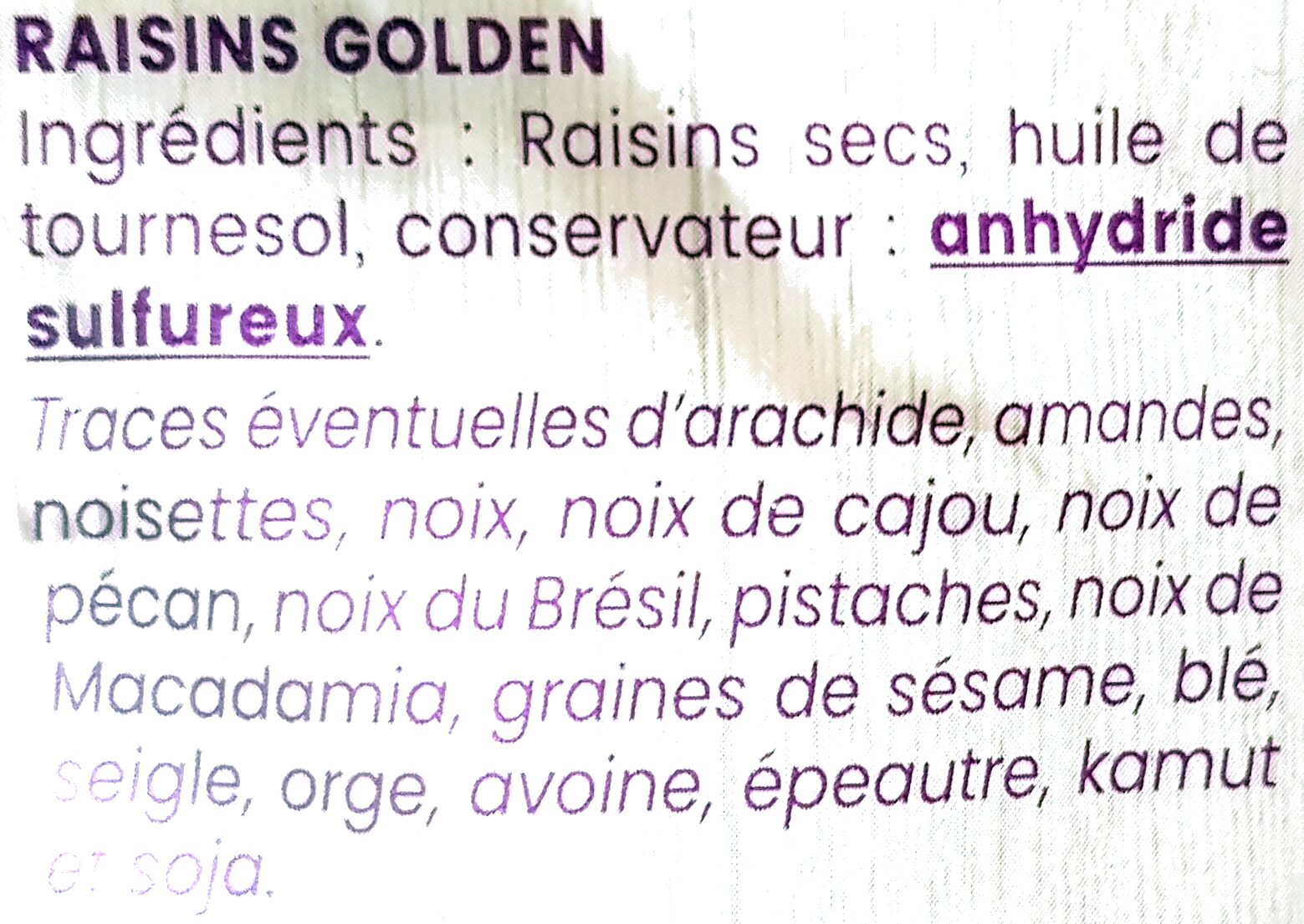 raisin sec golden - Ingredients - fr