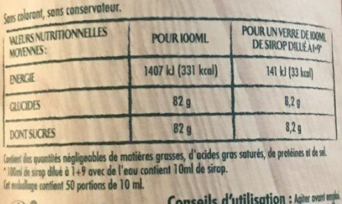 Sirop fraise de Bretagne - Tableau nutritionnel