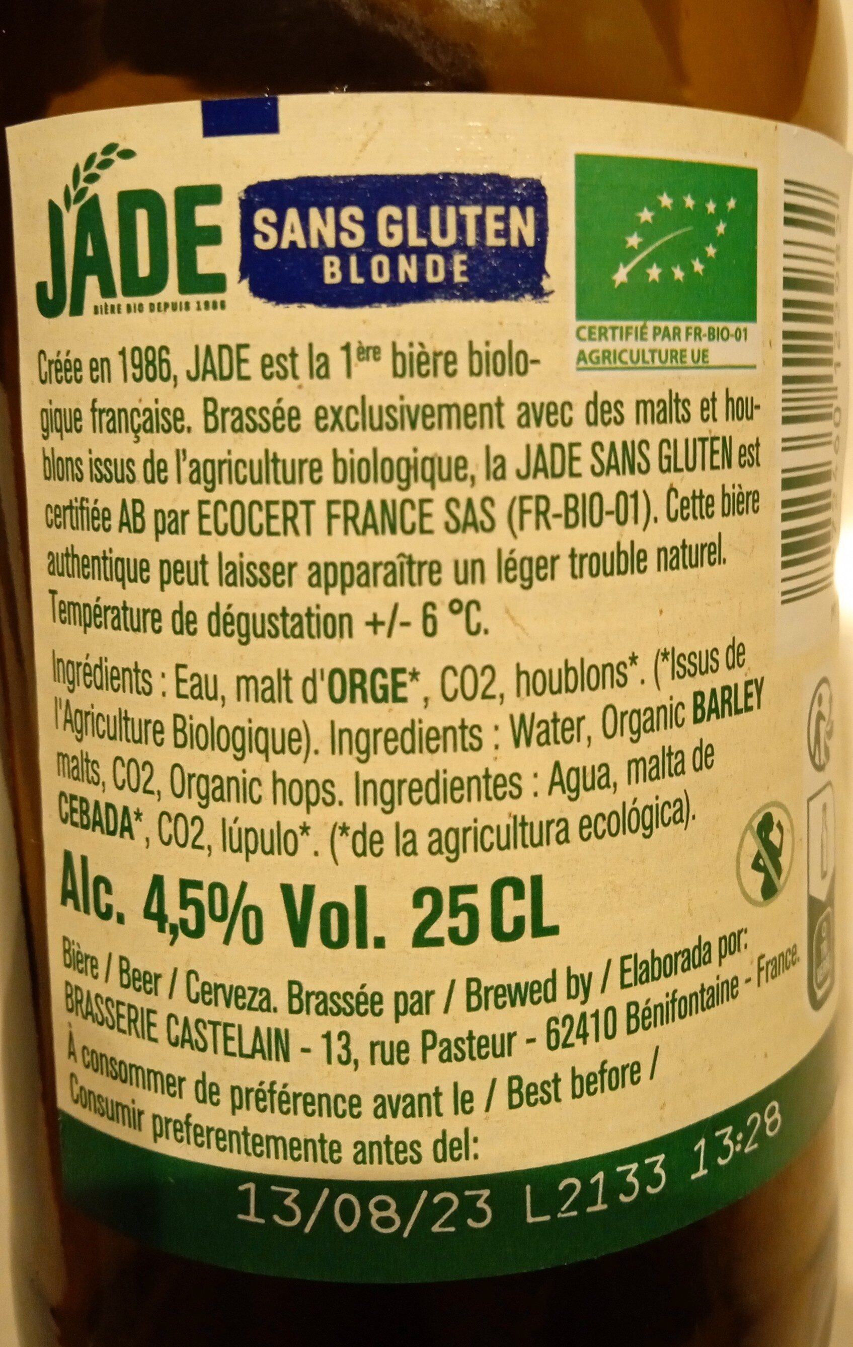 Biere blonde sans gluten JADE - Ingrediënten - fr