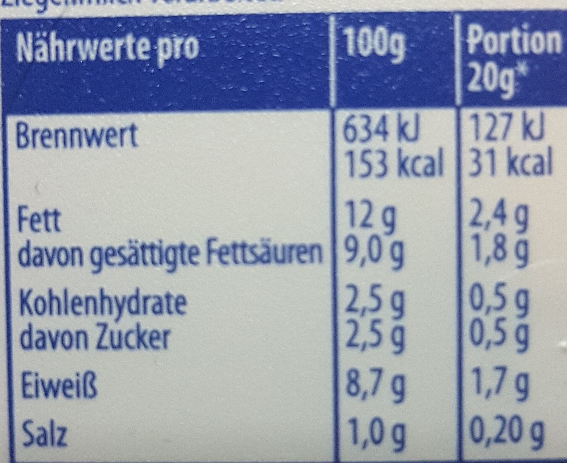 100% ZIEGENMILCH MILDER ZIEGENKÄSE  Käse - Voedingswaarden - en