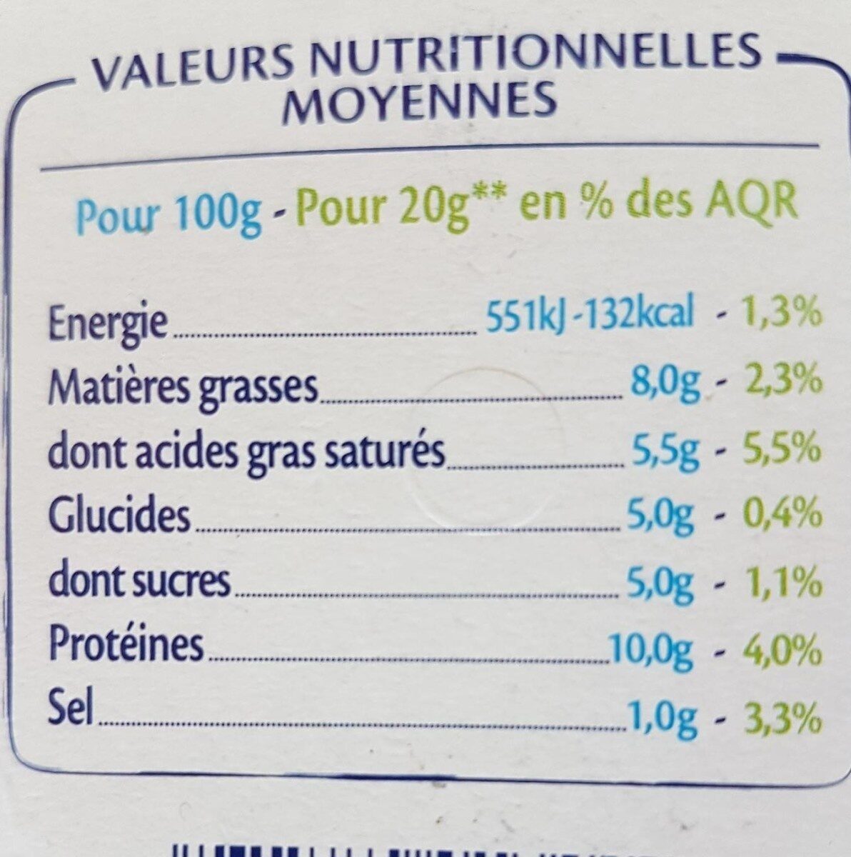 St Môret Léger 8% MG - Tableau nutritionnel