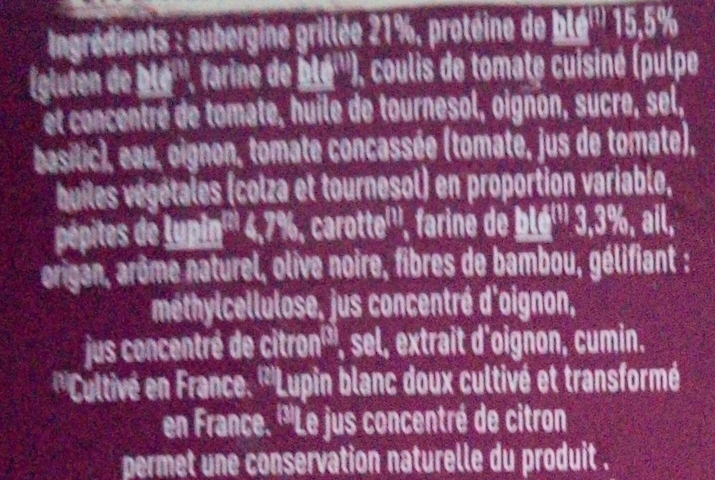 Galette blé & lupin aubergine cuisinée - Ingredients - fr