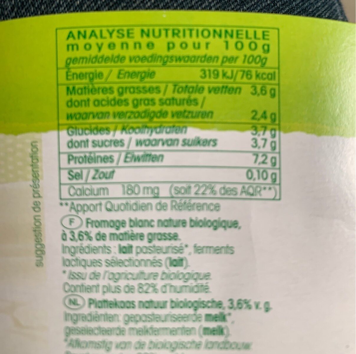Vrai Fromage blanc 500g - Nutrition facts - fr