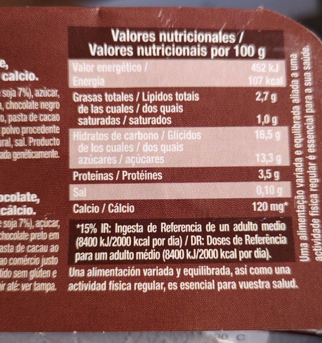 Postre vegetal de soja plaisir chocolate sin lactosa - Voedingswaarden - es
