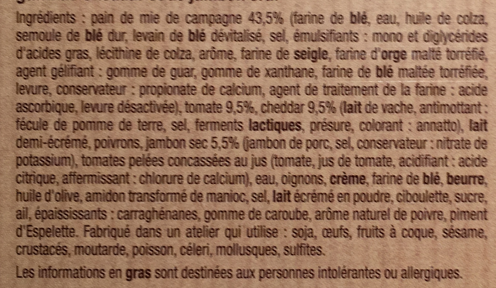 Croque Monsieur Cheddar Jambon cru - Ingredients - fr