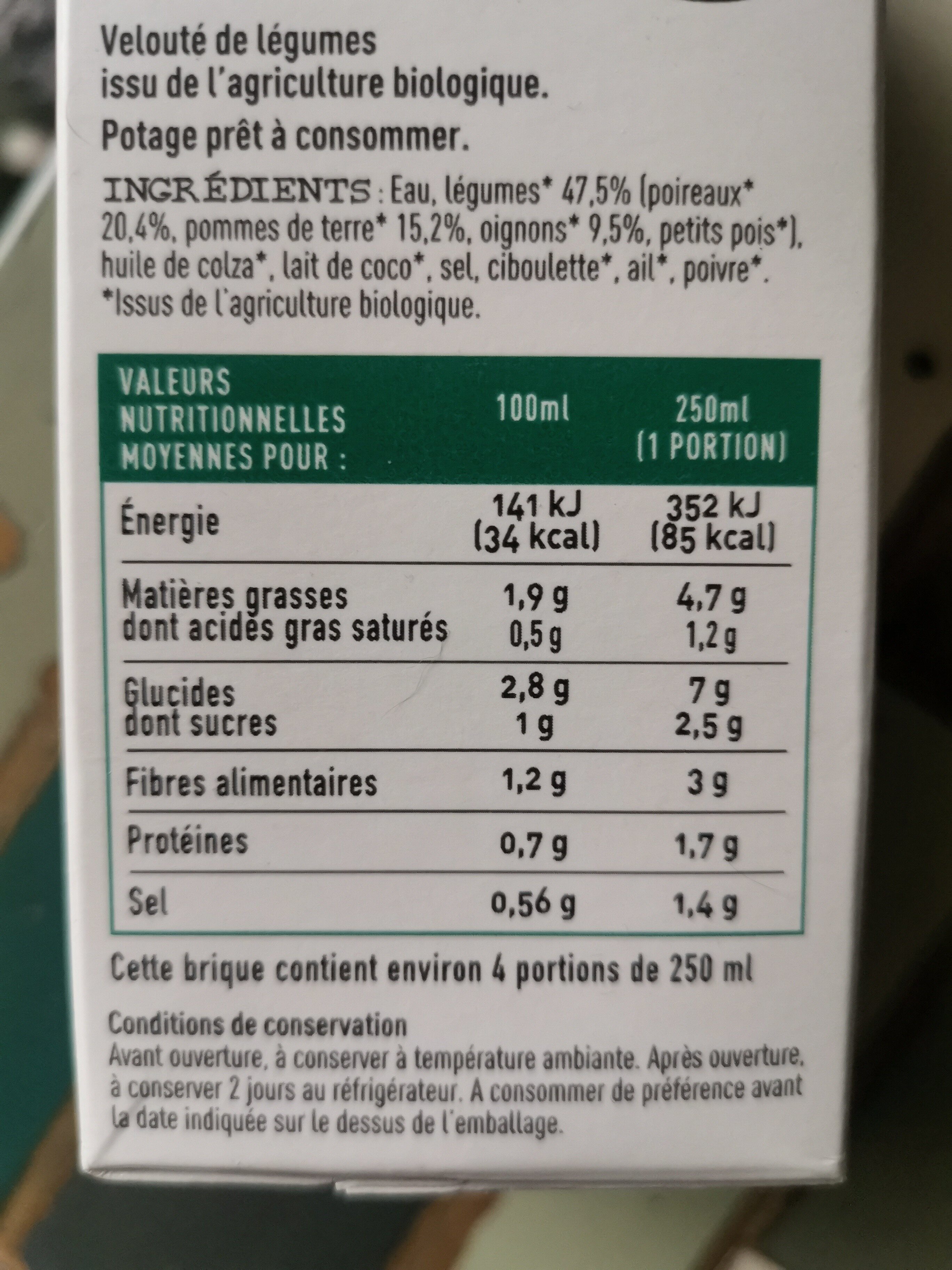 Velouté d'antan poireaux pommes de terre - Tableau nutritionnel
