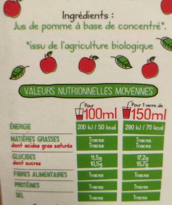 Pur jus de pomme bio - Voedingswaarden - fr