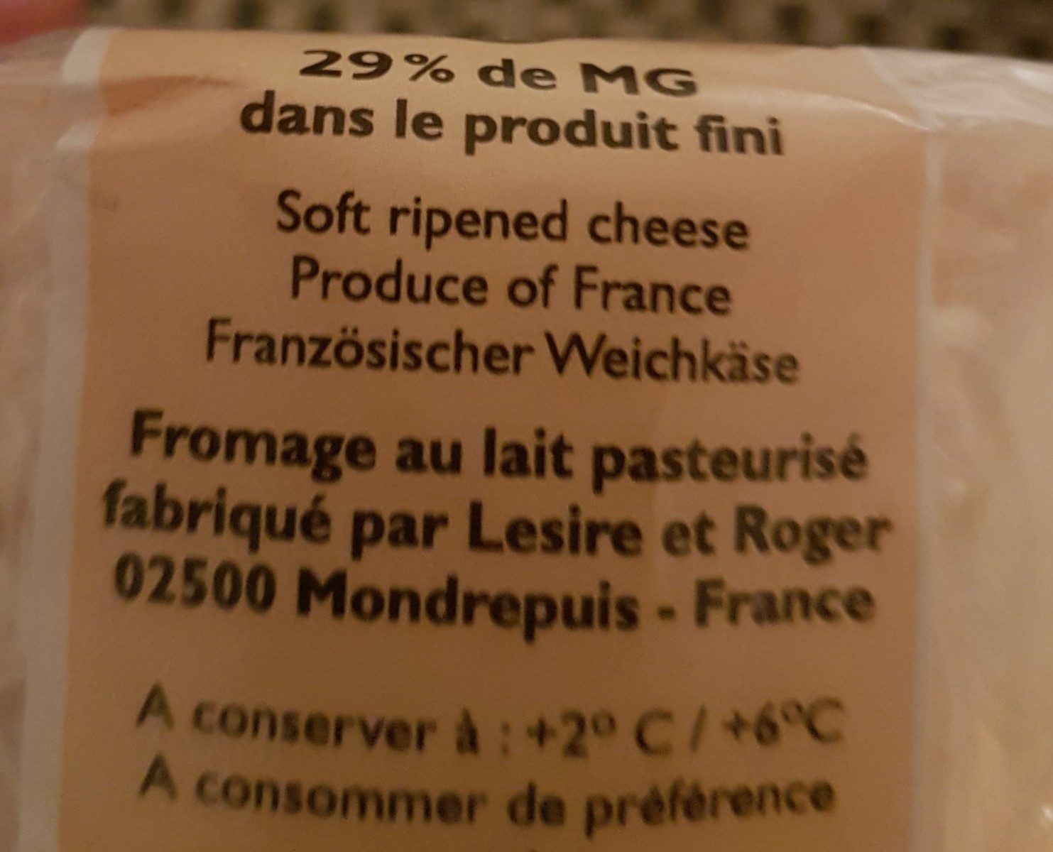 Le Rollot de Picardie - Fromage au lait pasteurisé - Ingredients - fr