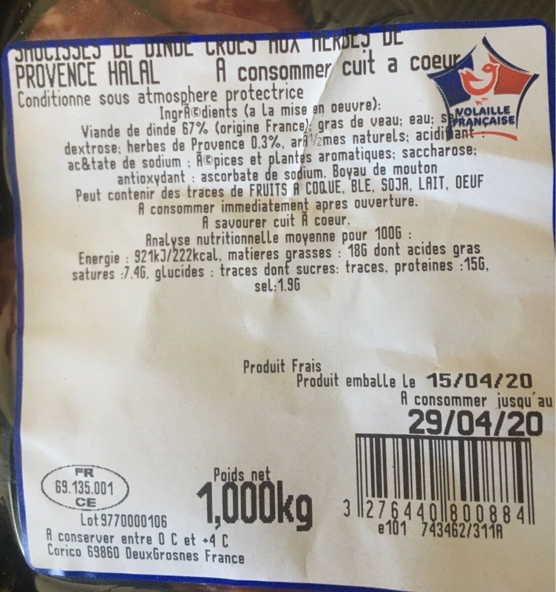 Saucisse de dinde cru aux herbes de Provence halal - Tableau nutritionnel