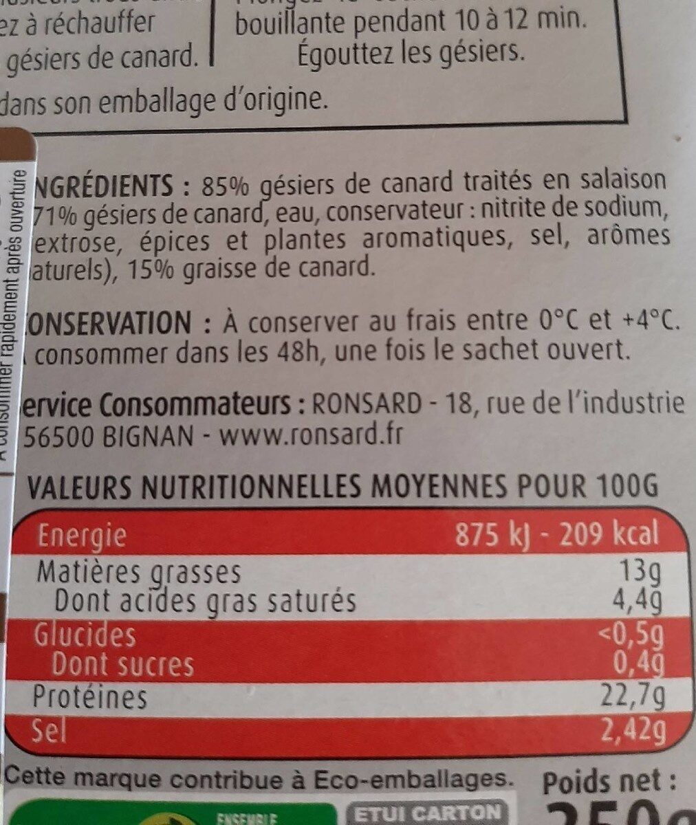 Gésier De Canard Confit Ronsard, - Nutrition facts - fr