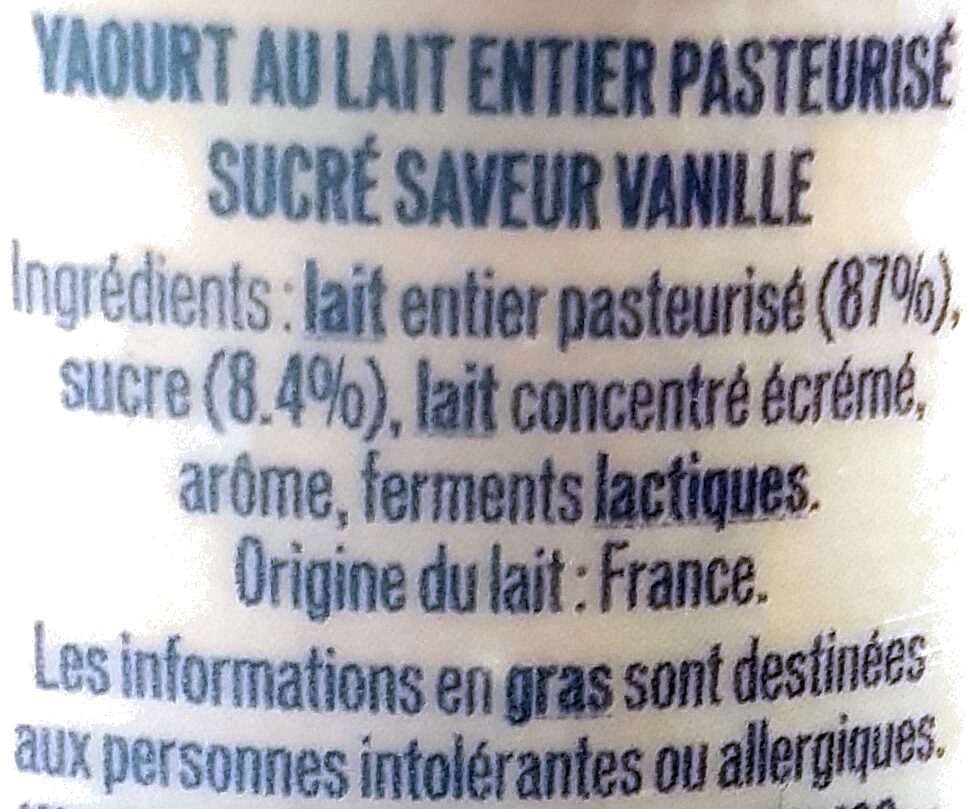 Yaourt au Lait Entier saveur Vanille - Ingrédients