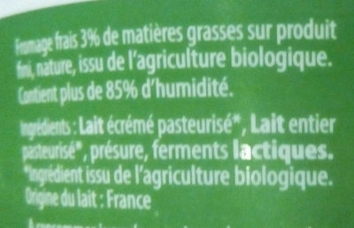 Fromage Frais Nature BIO Malo 20%* *Matières grasses sur extrait sec soit 3% de matières grasses sur produit fini - Ingredients - fr