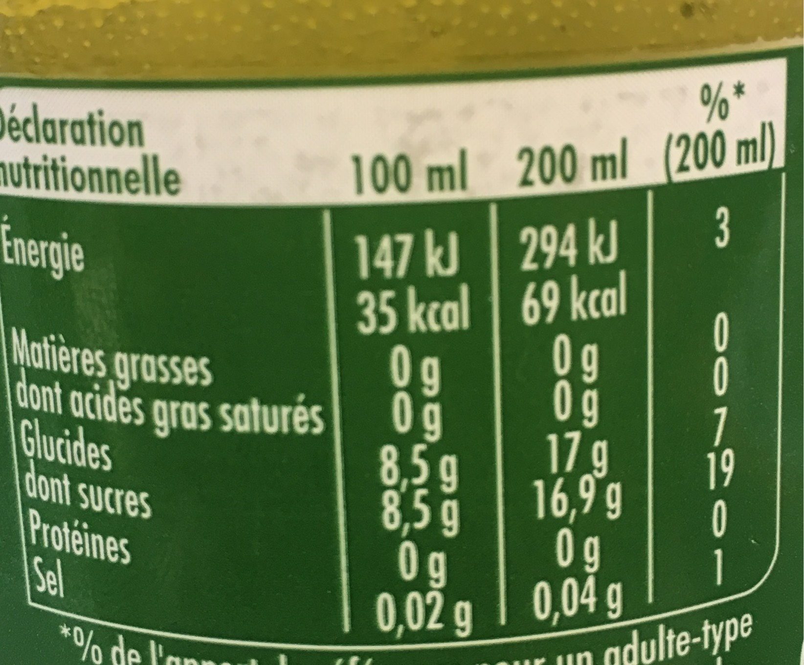 ginger ale - Tableau nutritionnel